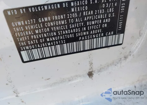 2014 Volkswagen Jetta 1.8T Se z USA, uszkodzony, nr VIN 3VWD07AJ7EM232002